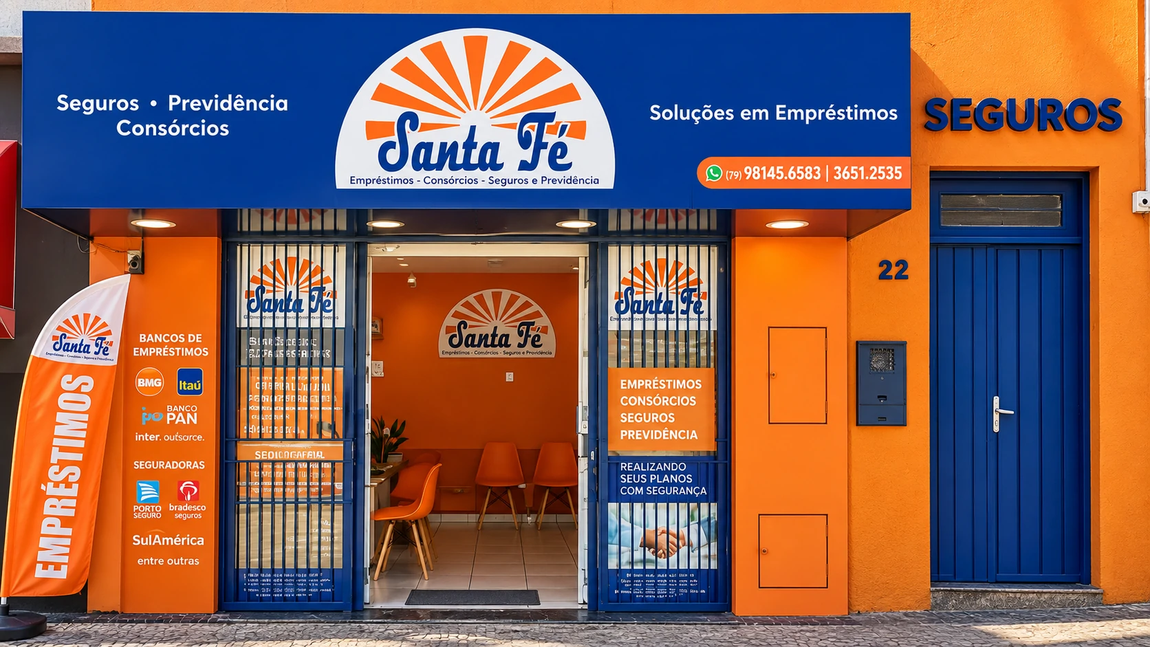 Fachada da loja Santa Fé Seguros e Empréstimos, na Rua Souza Brito, 22, em Espírito Santo do Pinhal/SP